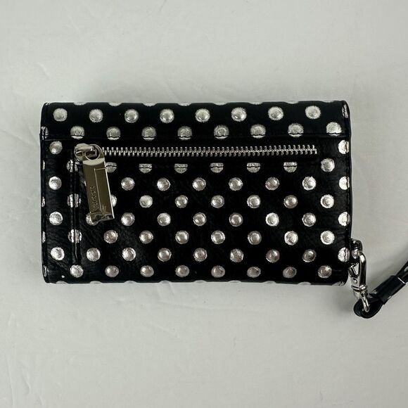 LODIS Black Silver Polka Dots Leather Bifold Wristlet Zip Coin Pouch Card Slots - Picture 2 of 8